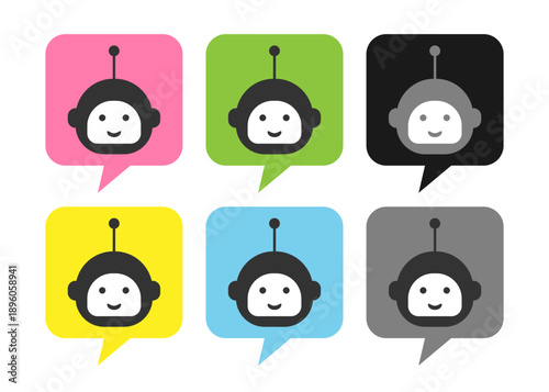 ポップな吹き出し付きロボットフェイスを並べたメッセージアプリ向けカラーバリエーションアイコン素材