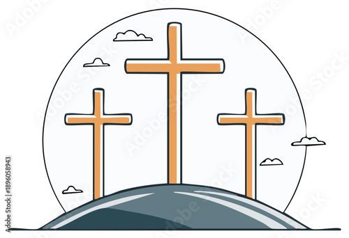 Three crosses stand on a hill against a large sun and scattered clouds, evoking faith and spirituality