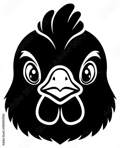 Bold graphic illustration of a chicken's face, staring forward with alert eyes.
