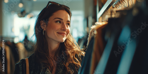 Woman smiling while shopping in a clothing store