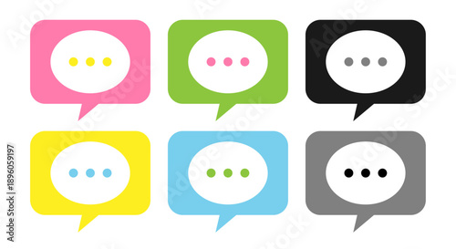 角丸の吹き出しフレームにドットを並べたチャット入力中ステータスを表すフラットデザインアイコン集