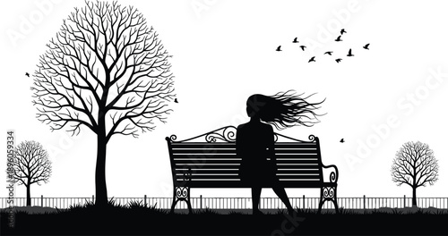 Lonely woman silhouette sitting on park bench, windy autumn landscape with bare trees birds, emotional nature scene illustrationLonely woman silhouette sitting on park bench, windy autumn landscape wi