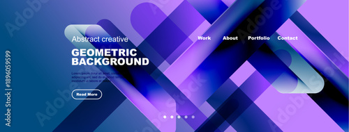 Abstract geometric background features vibrant purple, blue hues. Website header includes navigation options, button. Modern design elements present.