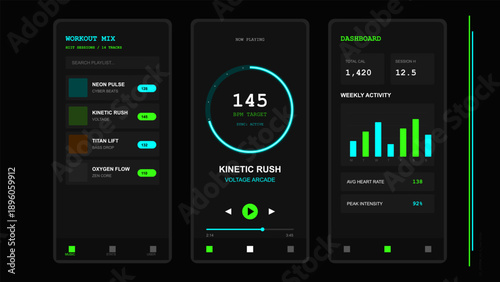 Futuristic dark mode fitness application interface screens showing workout music and performance data
