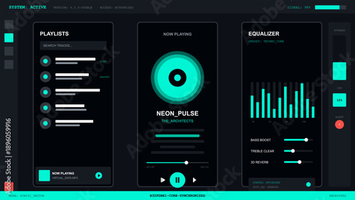 Futuristic dark mode music player interface with neon cyan equalizer and playlist controls