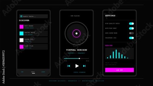 Futuristic dark mode music player application interface with equalizer and settings screens