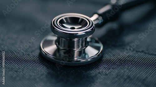 A stethoscope lies on a dark fabric, capturing a medical tool in a close-up view.