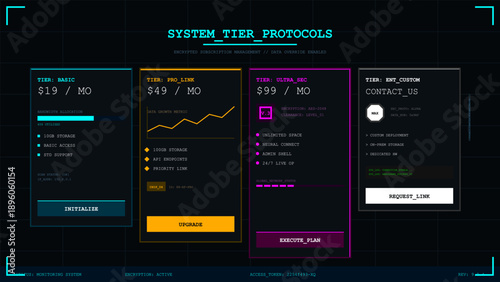 Futuristic dark mode user interface for system tier protocols and encrypted subscription management