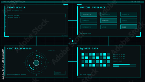 Futuristic heads-up display screen with data analysis panels and interactive command buttons