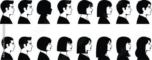 Human head profile silhouette collection, male and female diverse hairstyles, facial feature variations, identity recognition design elements, portrait artwork set, flat vector illustration