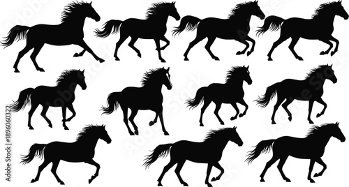 Horse running silhouette collection grid illustration, galloping motion sequence, equine animal artwork set, dynamic movement design elements for animation biomechanics study, flat vector illustration