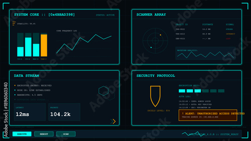 Futuristic dark user interface displaying system core data, security protocols, and scanner array