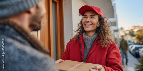 Woman smiling while delivering a package in an urban neighborhood
