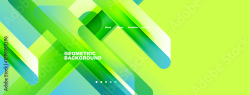 Abstract geometric background features vibrant green, blue gradients. White text displays navigation options work, about, portfolio, contact. Dots indicate sections.