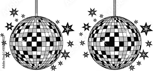 Disco ball party decoration sketch, sparkling starburst effect, retro dance theme, shiny mirrored tiles, nightlife celebration design, flat vector illustration