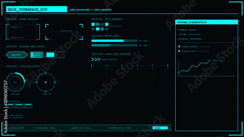 Futuristic technology interface kit with system diagnostics and data modules on dark background