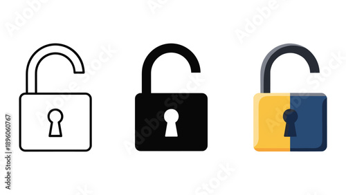 Unlocked padlock icons in different colors and styles