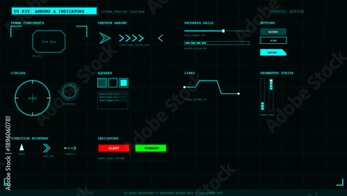 Futuristic heads up display interface elements kit with arrows indicators and progress bars