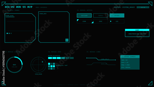 Futuristic HUD user interface kit with modular elements for digital data visualization