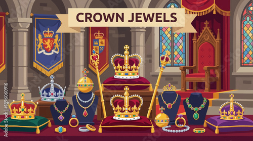 crown jewels displayed inside a royal throne room vector illustration, designed for fantasy, heritage, and prestige branding