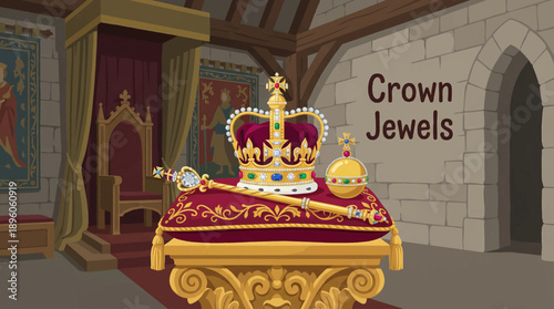 crown jewels displayed inside a royal throne room vector illustration, designed for fantasy, heritage, and prestige branding