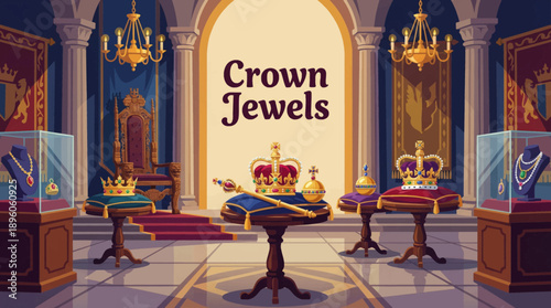 crown jewels displayed inside a royal throne room vector illustration, designed for fantasy, heritage, and prestige branding