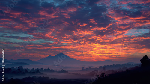 Dramatic Sunset Over Rolling Hills with Mist