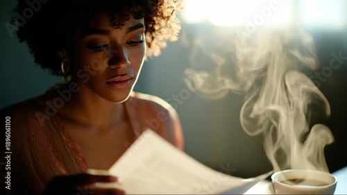 African American woman with curly hair reading newspaper beside steaming cup. Relaxed morning routine in soft light. Cozy beverage and news enjoyment concept