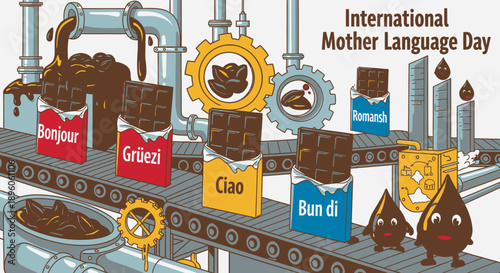 Chocolates on a production line with greetings in different languages on boxes.