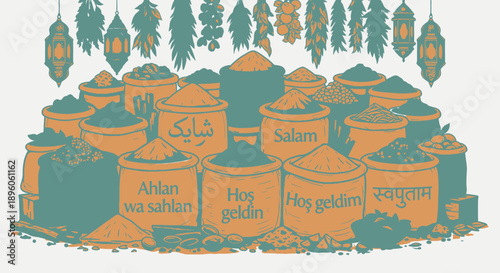Vibrant illustration of stacked containers with hanging decorations.