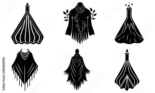 Collection of black and white illustrations featuring various shawl designs and draped garments on mannequins and hangers