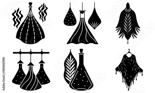 Collection of traditional clothing and accessories hanging on display showcasing cultural heritage and ethnic style