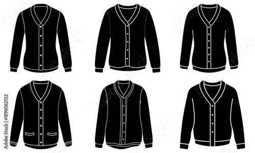 Collection of black cardigans with white trim illustrated from various viewpoints