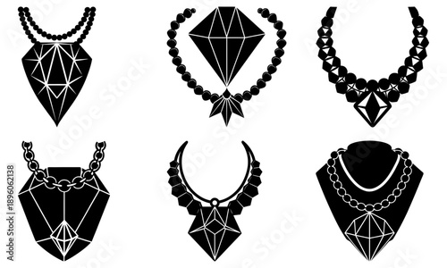 Various Necklace Designs Featuring Jewels and Ornaments, Showcasing Vector Illustrations of Fashion Accessories
