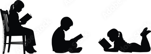 Children reading books silhouette illustration showing learning education and childhood imagination on white background concept for stock education design use