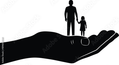 Father and child silhouette standing on protective hand symbolizing family care safety support trust guardianship insurance black vector illustration