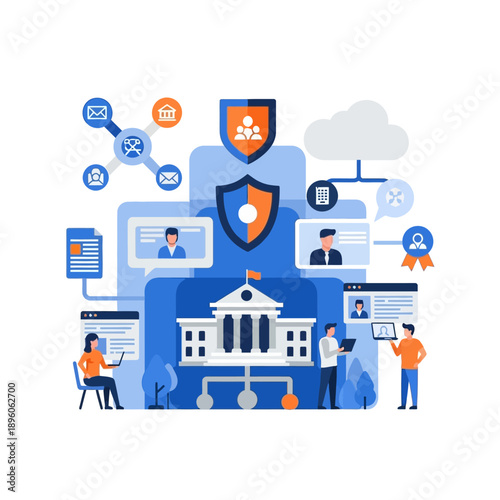 People interacting with secure government building.