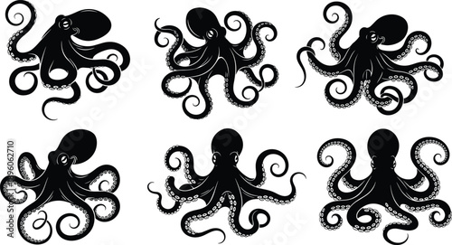 Octopus silhouette collection, black sea creature poses, swirling tentacles design, marine vector illustration, underwater animal graphic set