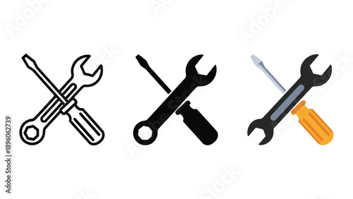 Various styles of crossed wrench and screwdriver icons