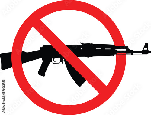 No guns allowed symbol with crossed rifle silhouette, gun control and weapon prohibition concept for safety, law, security, and awareness