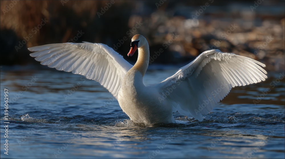 Fototapeta premium Swan taking off from water with wings spread
