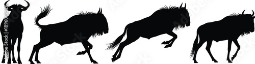 Wildebeest silhouettes showing running and jumping motion, African wildlife migration concept, dynamic animal movement, black vector illustration set