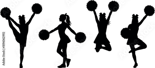 Black vector silhouettes of four cheerleading girls dancing with pom-poms in different poses like jumping and kicking for sports events.