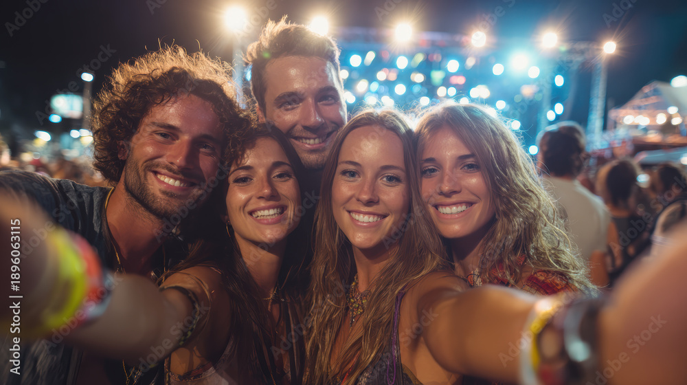Fototapeta premium Group of friends taking a selfie at an outdoor music festival under string lights