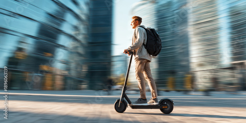 Man Riding Electric Scooter Through Urban Area