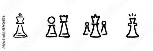 Chess Pieces Line Icon Set In Doodle Style. Strategic Thinking And Game Planning Outline Sketch Collection. Hand Drawn Isolated Vector Illustration