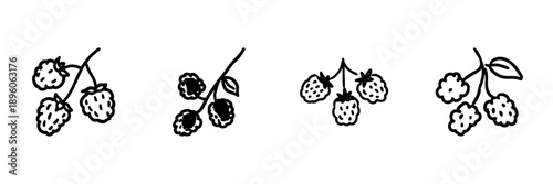 Berry Branches Line Icon Set In Doodle Style. Nature, Fruit Harvest, And Botanical Illustration Outline Sketch Collection. Hand Drawn Isolated Vector Illustration