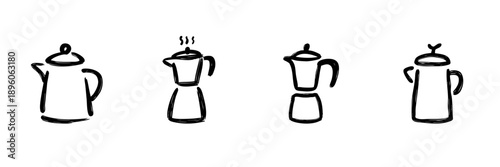 Coffee And Tea Pot Line Icon Set In Doodle Style. Beverage Preparation And Brewing Equipment Outline Sketch Collection. Hand Drawn Isolated Vector Illustration