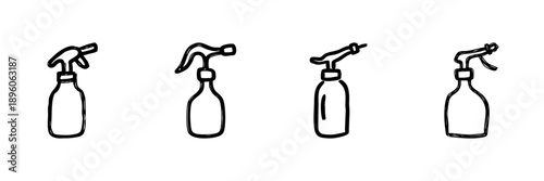 Spray Bottle Line Icon Set In Doodle Style. Cleaning, Gardening, And Hair Styling Tools Outline Sketch Collection. Hand Drawn Isolated Vector Illustration