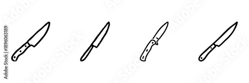 Kitchen Knives Line Icon Set In Doodle Style. Culinary Tools And Cooking Utensils Outline Sketch Collection. Hand Drawn Isolated Vector Illustration